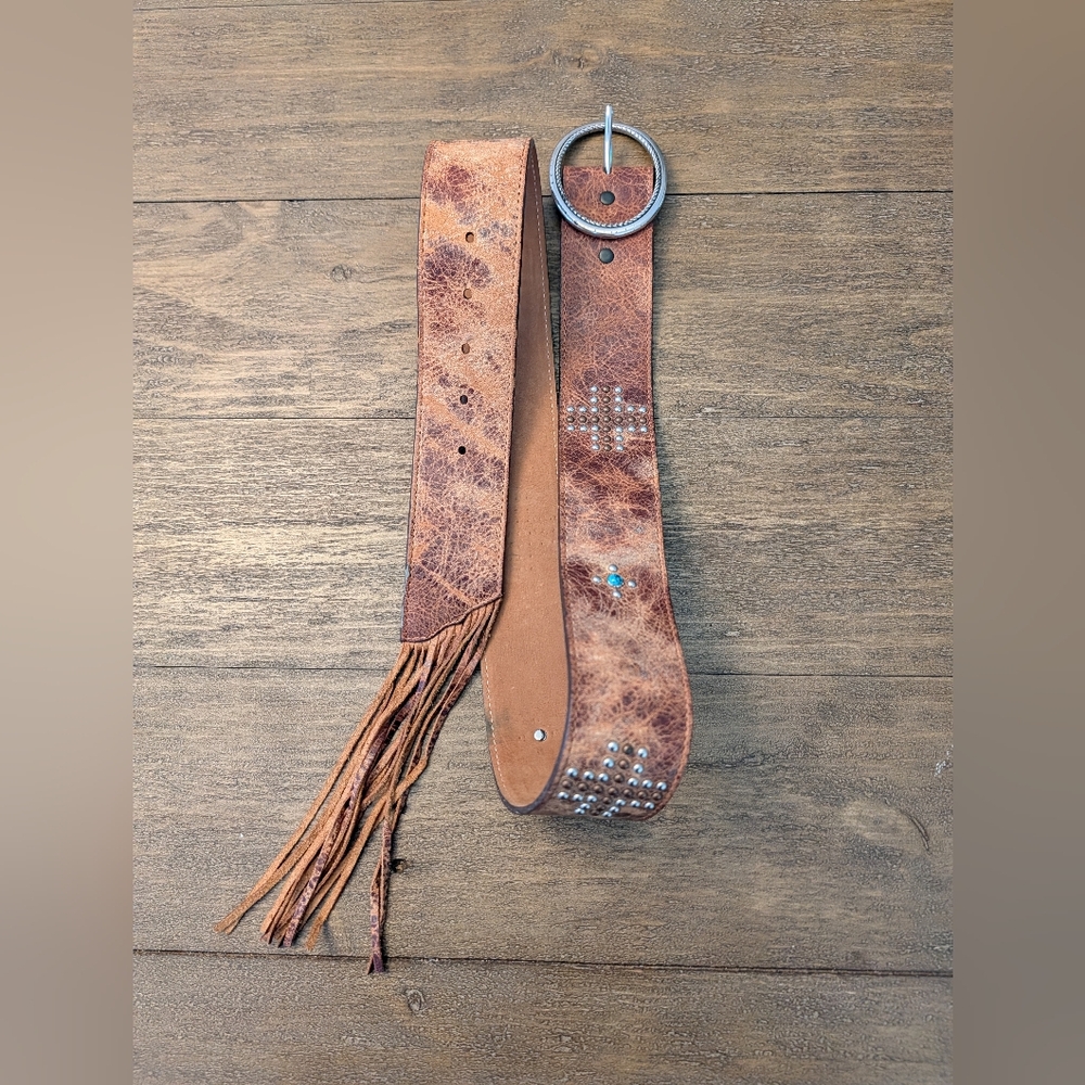 Tony Lama Woman's Tan Leather Fringe Belt with Embossed Logo Size 36